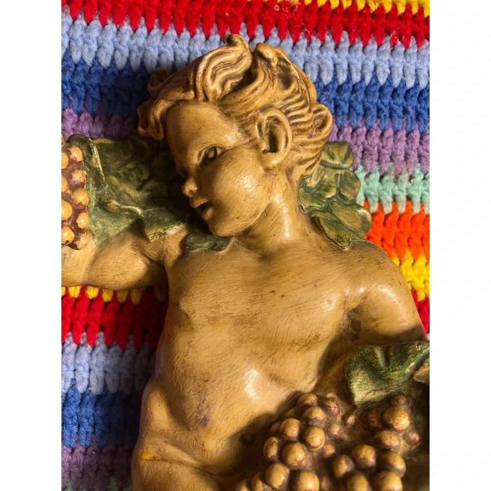 Vintage Chalkware Cherub and Grapes Wall Decor Plaque